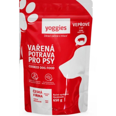 Yoggies Vařená potrava pro psy – vepřové maso s rýží 650g