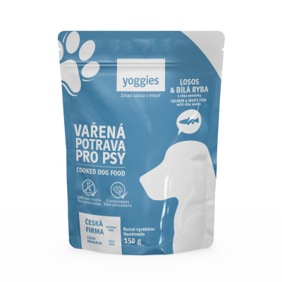 Yoggies Vařená potrava pro psy – losos a bílá ryba s chia semínky 150g